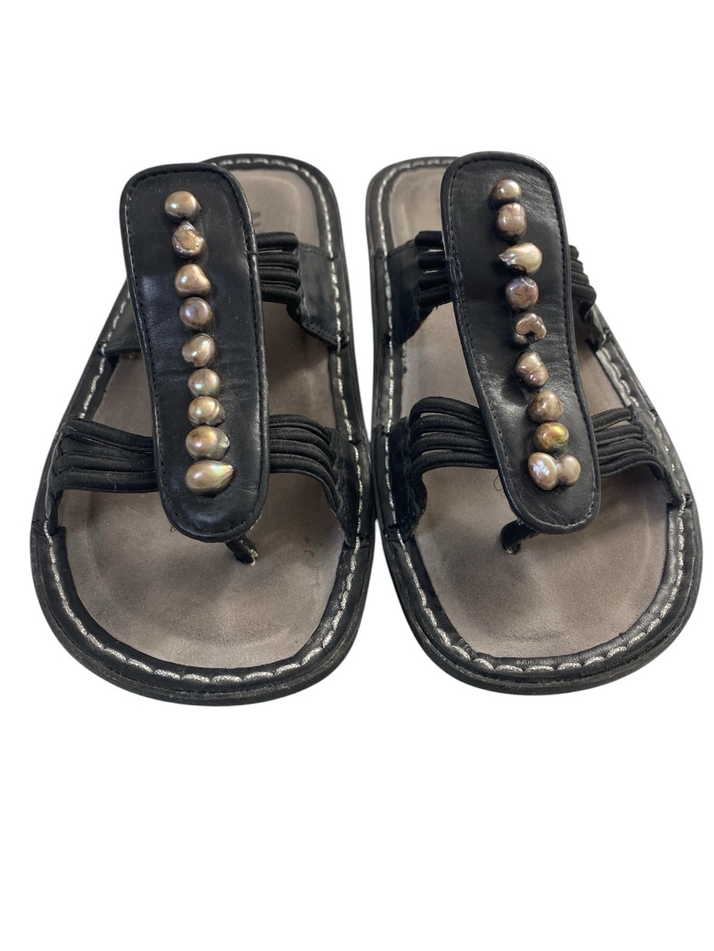 Alegria Pisa Sandals Black Leather Women's Size 37 (EU) Pearl Stud Details